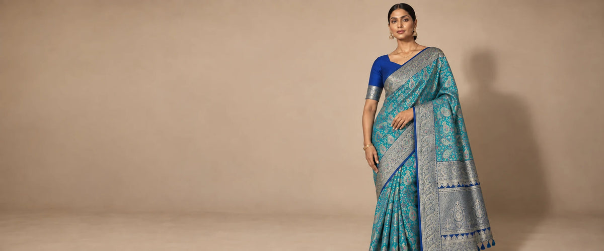 Woman in a turquoise Banarasi-style saree with a royal blue blouse in a beige studio