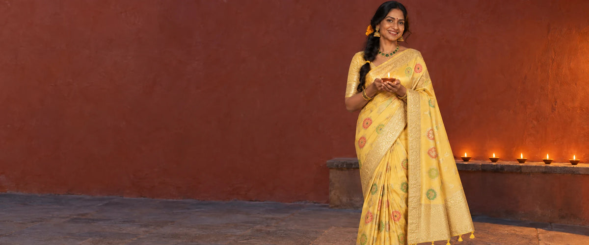 Woman in a yellow woven saree holding a lit clay diya beside a terracotta wall at dusk