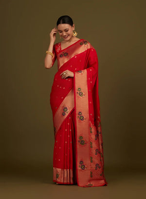 Red Banarasi-Style Silk Blend Saree with Floral Zari Border