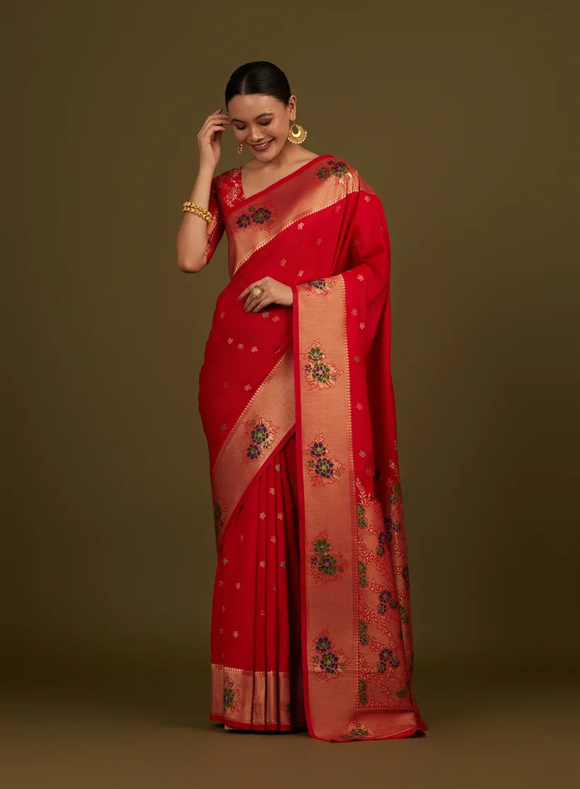 Red Banarasi-Style Silk Blend Saree with Floral Zari Border, front