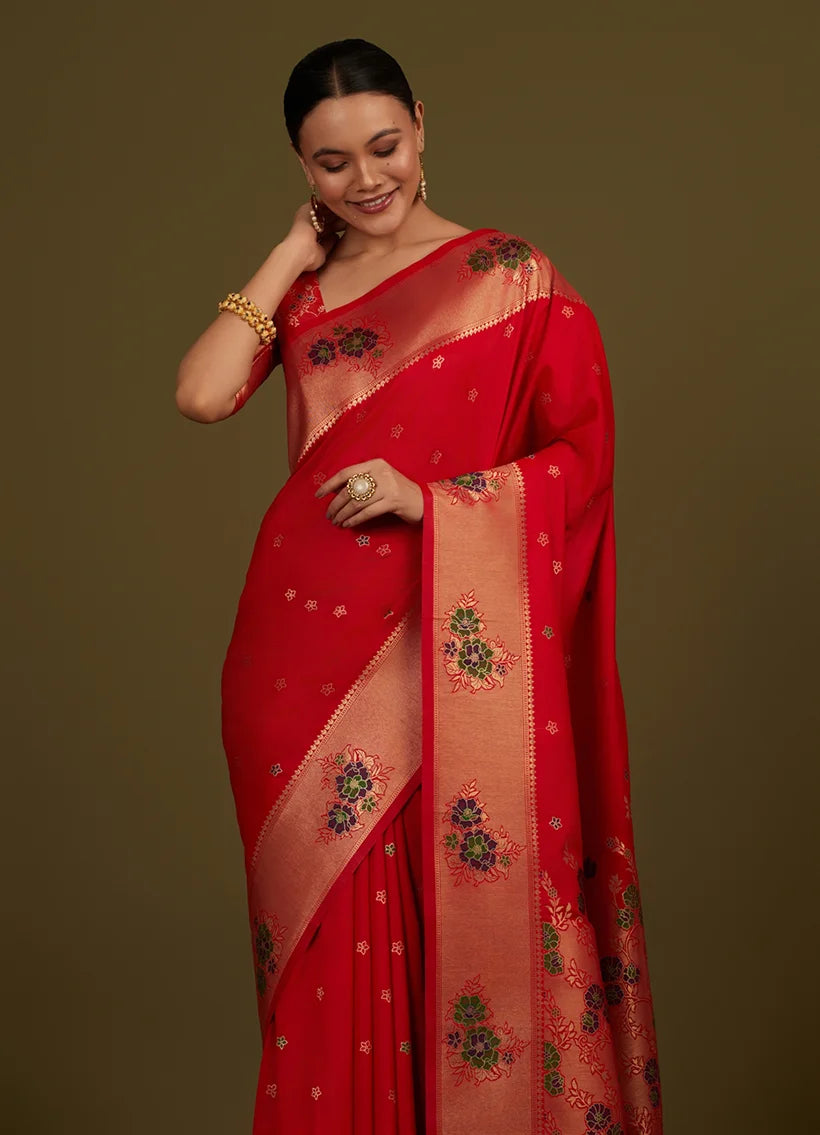 Red Banarasi-Style Silk Blend Saree with Floral Zari Border, side