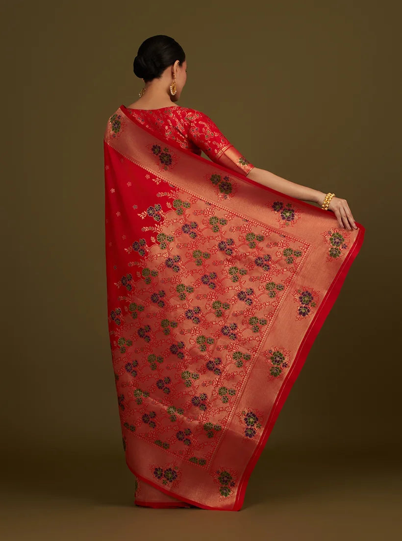 Red Banarasi-Style Silk Blend Saree with Floral Zari Border, back with pallu