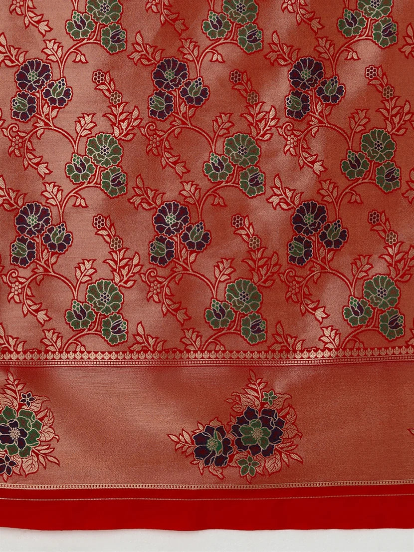 Red Banarasi-Style Silk Blend Saree with Floral Zari Border, pallu close-up