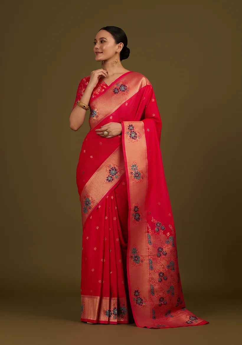 Pink Banarasi-Style Silk Blend Saree with Floral Zari Border, front