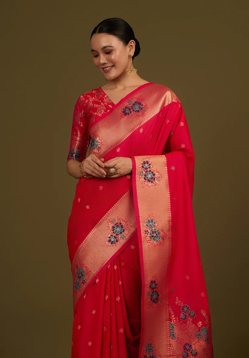 Pink Banarasi-Style Silk Blend Saree with Floral Zari Border, side