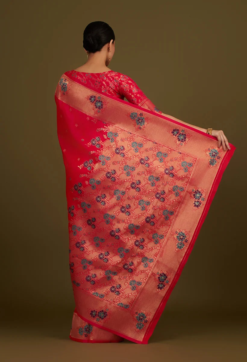Pink Banarasi-Style Silk Blend Saree with Floral Zari Border, back with pallu