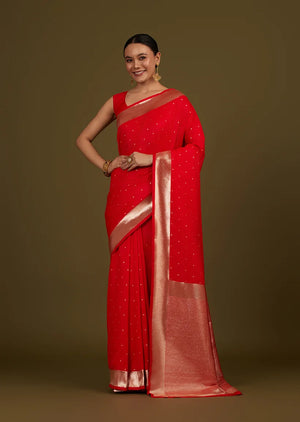 Red Banarasi-Style Silk Blend Saree with Zari Buti