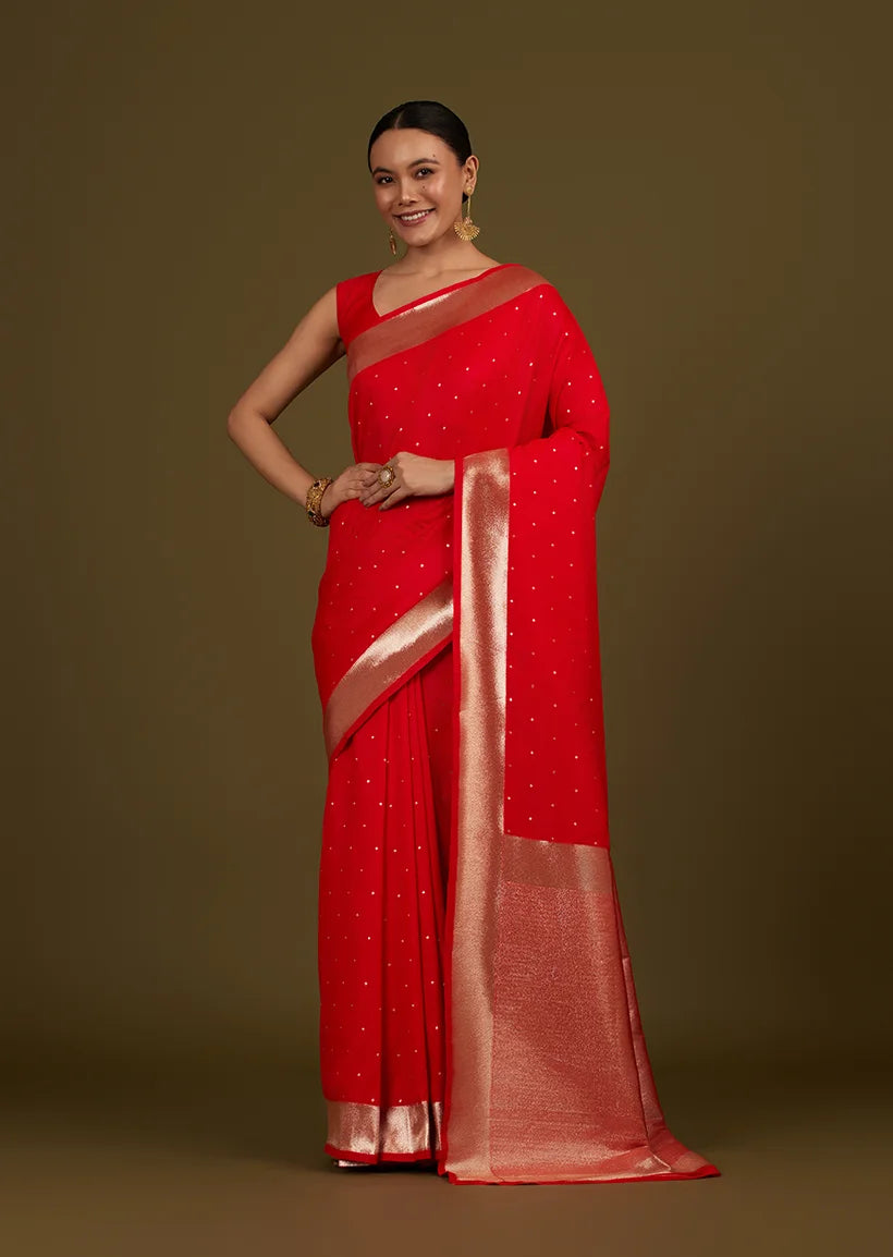 Red Banarasi-Style Silk Blend Saree with Zari Buti, front