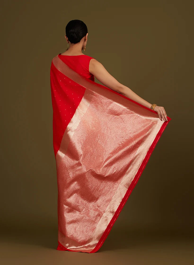 Red Banarasi-Style Silk Blend Saree with Zari Buti, back with pallu