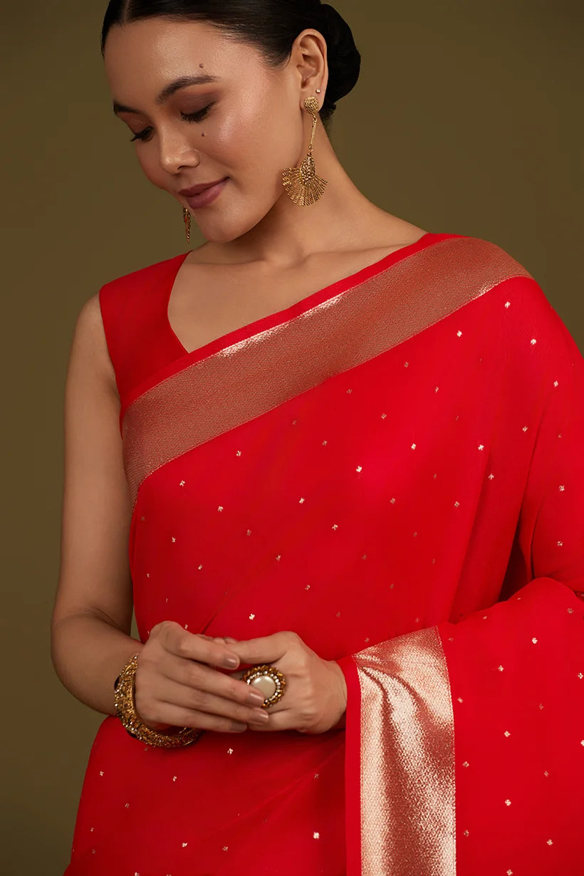 Red Banarasi-Style Silk Blend Saree with Zari Buti, border close-up