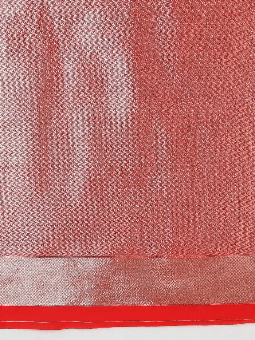Red Banarasi-Style Silk Blend Saree with Zari Buti, pallu close-up