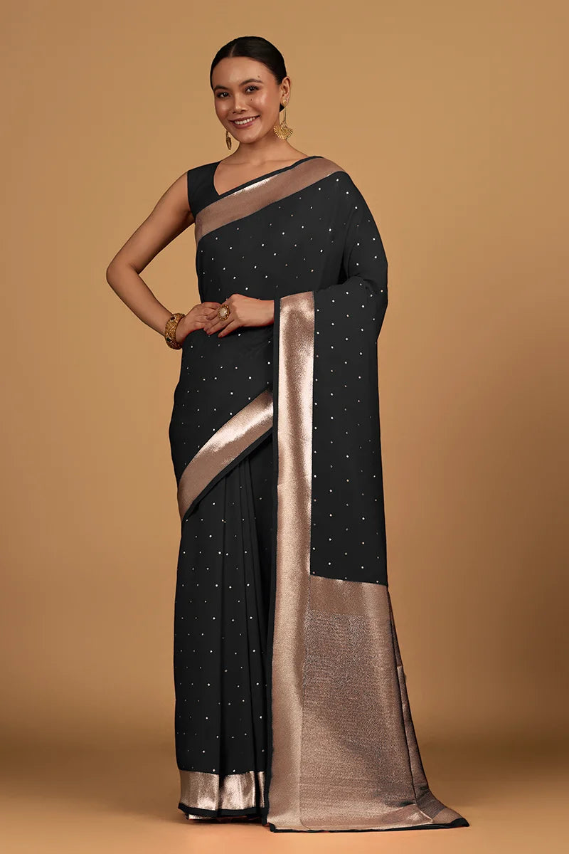 Black Banarasi-Style Silk Blend Saree with Zari Buti, front