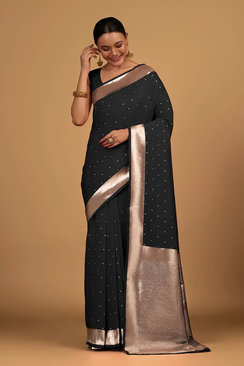 Black Banarasi-Style Silk Blend Saree with Zari Buti, styled on model