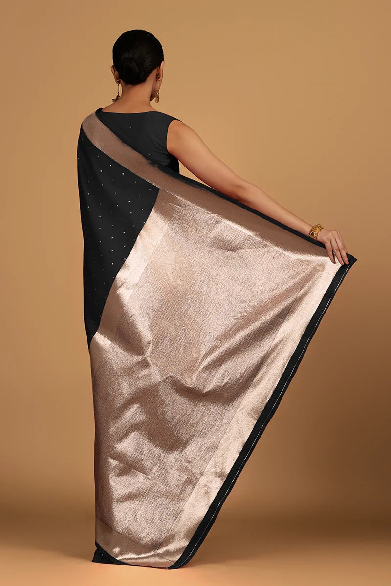 Black Banarasi-Style Silk Blend Saree with Zari Buti, back with pallu