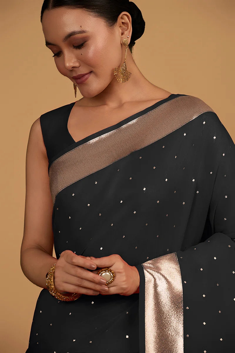 Black Banarasi-Style Silk Blend Saree with Zari Buti, border close-up