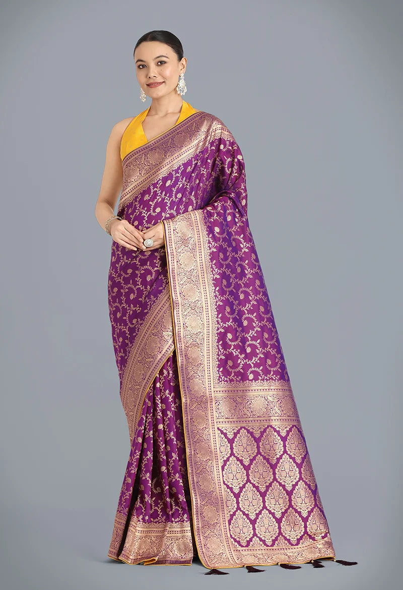 Purple Banarasi-Style Silk Blend Saree with Paisley Pallu, front