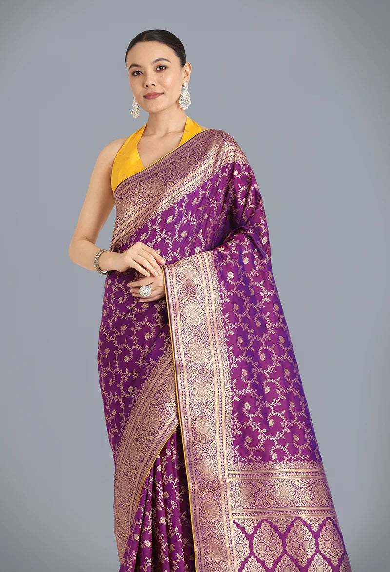 Purple Banarasi-Style Silk Blend Saree with Paisley Pallu, side