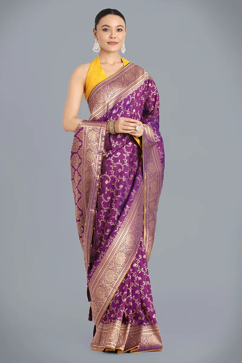 Purple Banarasi-Style Silk Blend Saree with Paisley Pallu, styled on model