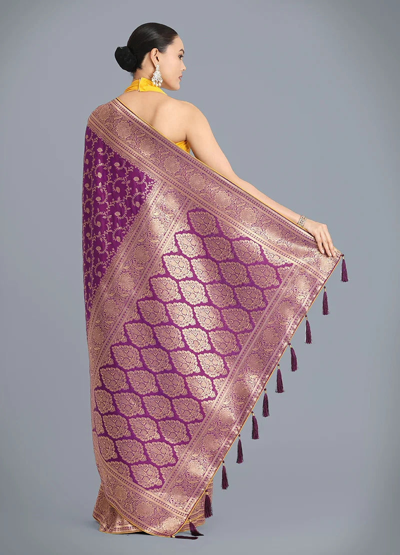 Purple Banarasi-Style Silk Blend Saree with Paisley Pallu, back with pallu