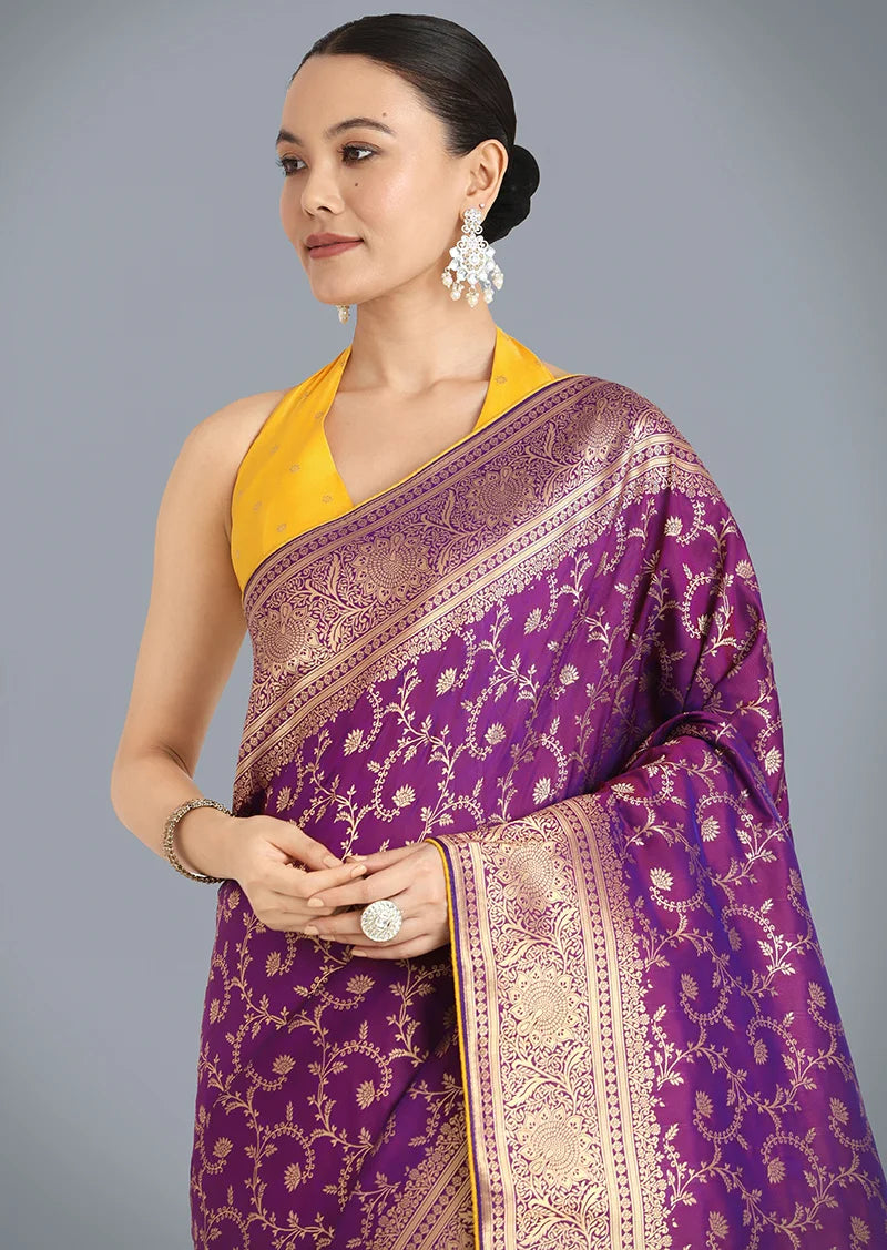 Purple Banarasi-Style Silk Blend Saree with Paisley Pallu, border close-up