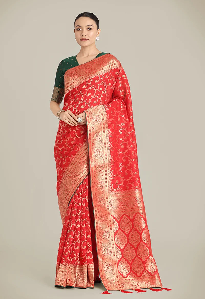 Red Banarasi-Style Silk Blend Saree with Paisley Pallu, front