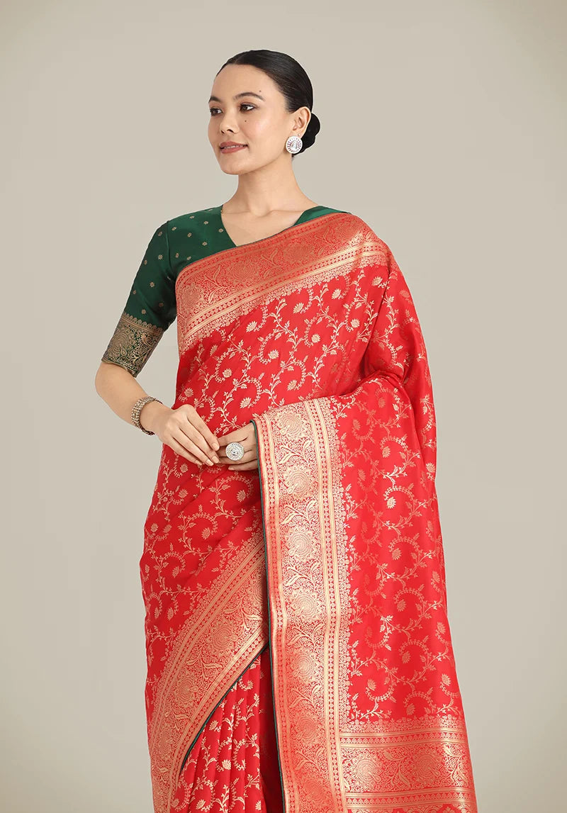 Red Banarasi-Style Silk Blend Saree with Paisley Pallu, side