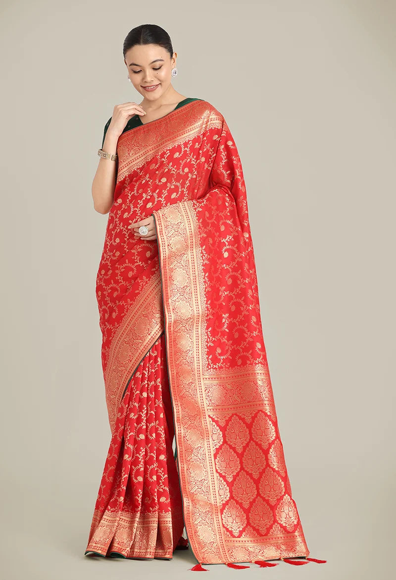 Red Banarasi-Style Silk Blend Saree with Paisley Pallu, styled on model