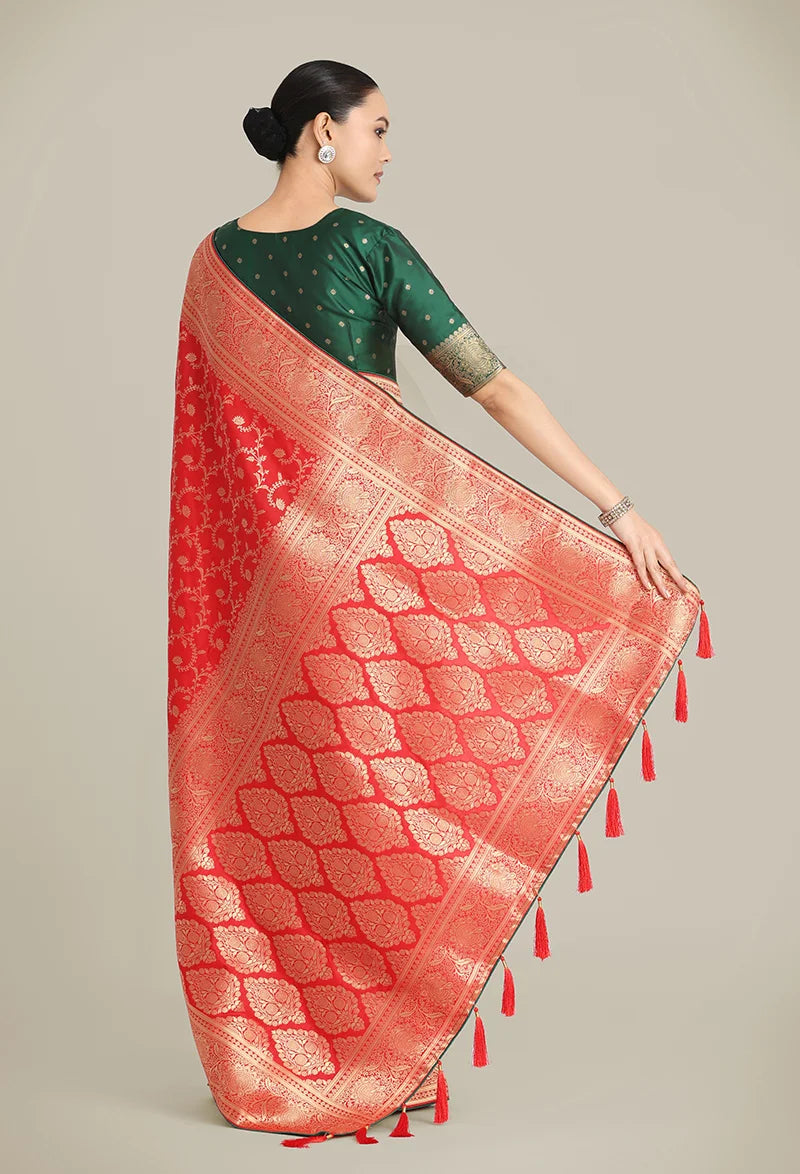 Red Banarasi-Style Silk Blend Saree with Paisley Pallu, back with pallu