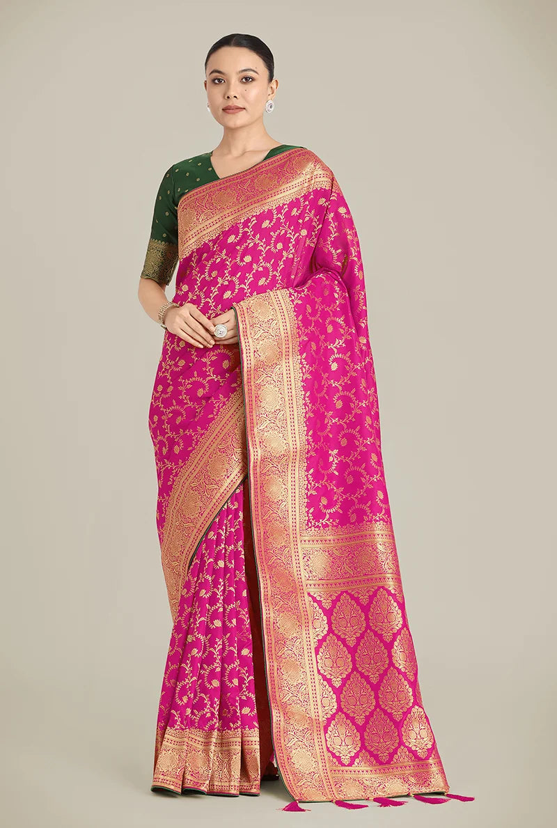 Rani Pink Banarasi-Style Silk Blend Saree with Paisley Pallu, front