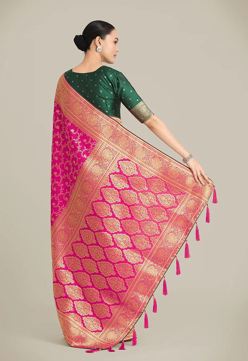 Rani Pink Banarasi-Style Silk Blend Saree with Paisley Pallu, back with pallu