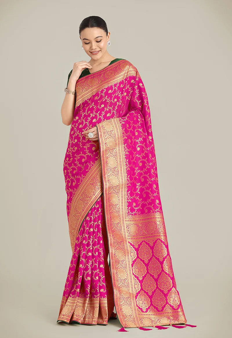 Rani Pink Banarasi-Style Silk Blend Saree with Paisley Pallu, styled on model