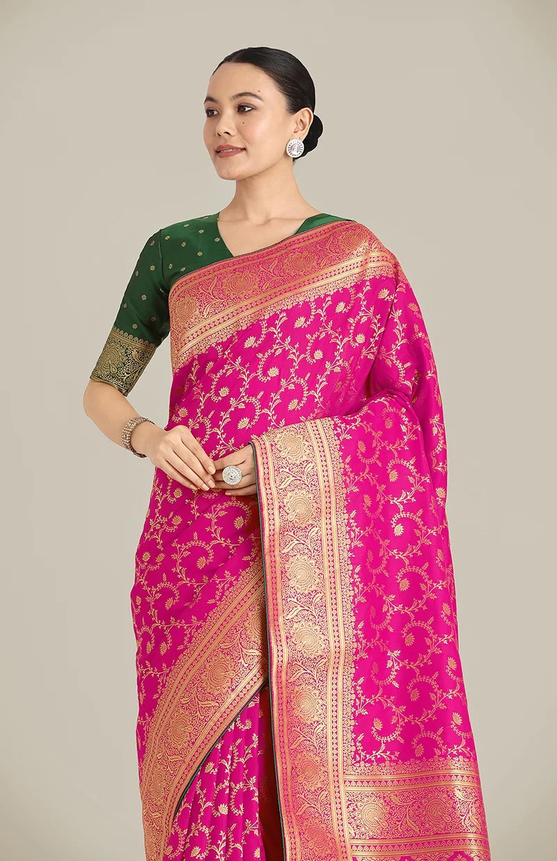 Rani Pink Banarasi-Style Silk Blend Saree with Paisley Pallu, side