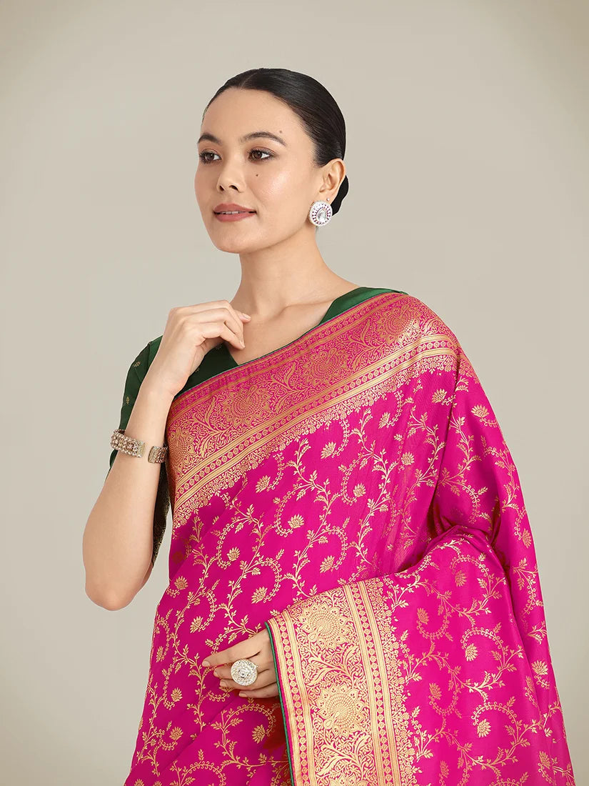 Rani Pink Banarasi-Style Silk Blend Saree with Paisley Pallu, border close-up