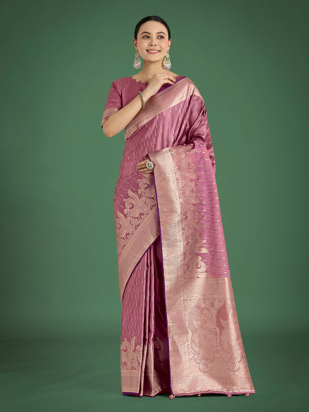 Rose Pink Banarasi-Style Satin Saree with Peacock Border, front