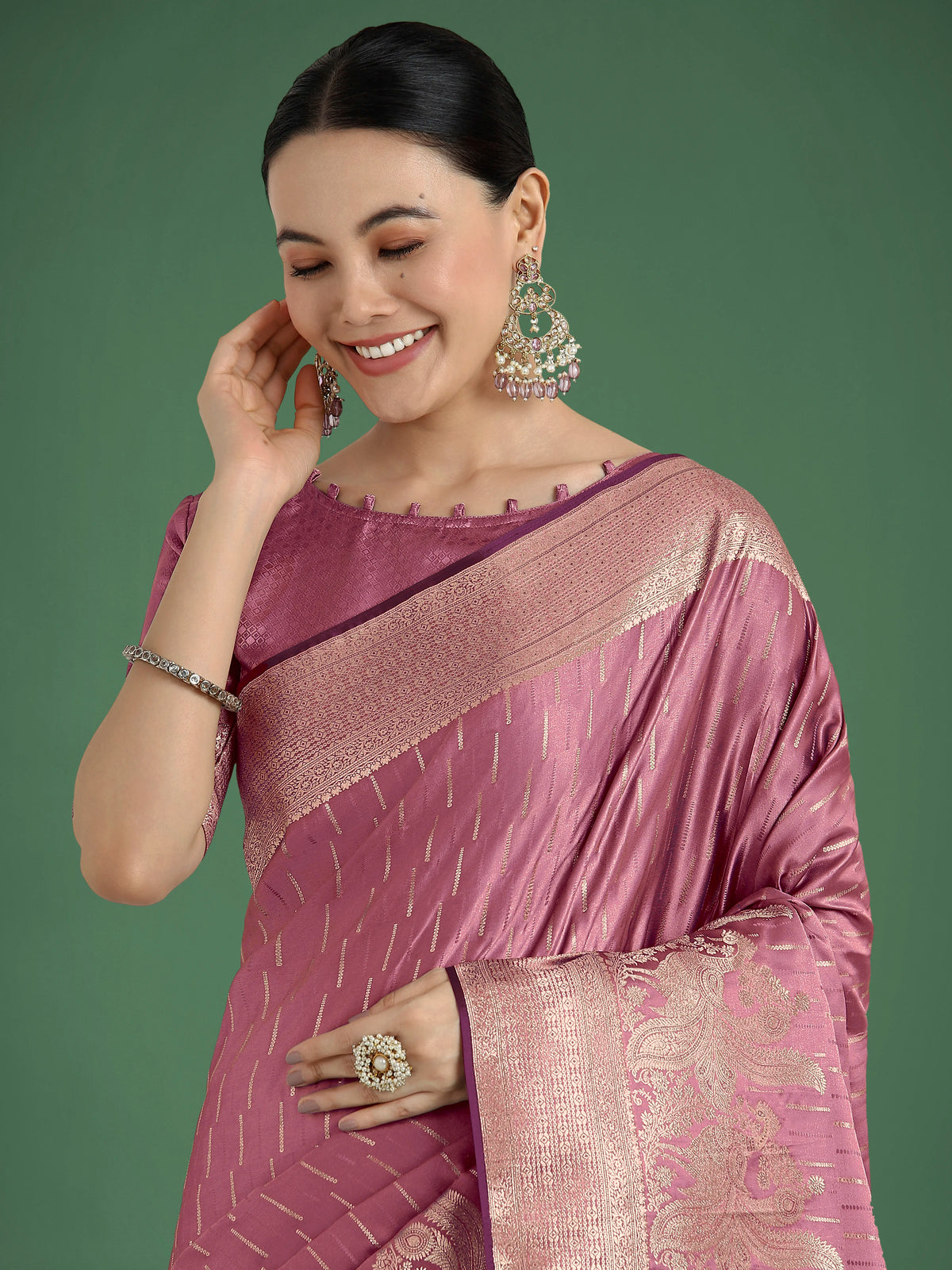 Rose Pink Banarasi-Style Satin Saree with Peacock Border, border close-up
