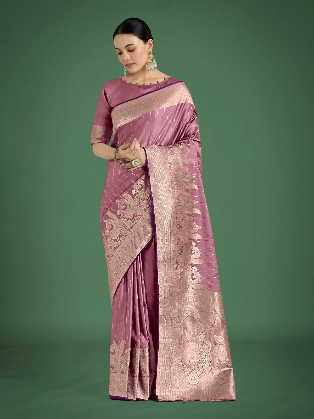 Rose Pink Banarasi-Style Satin Saree with Peacock Border, side