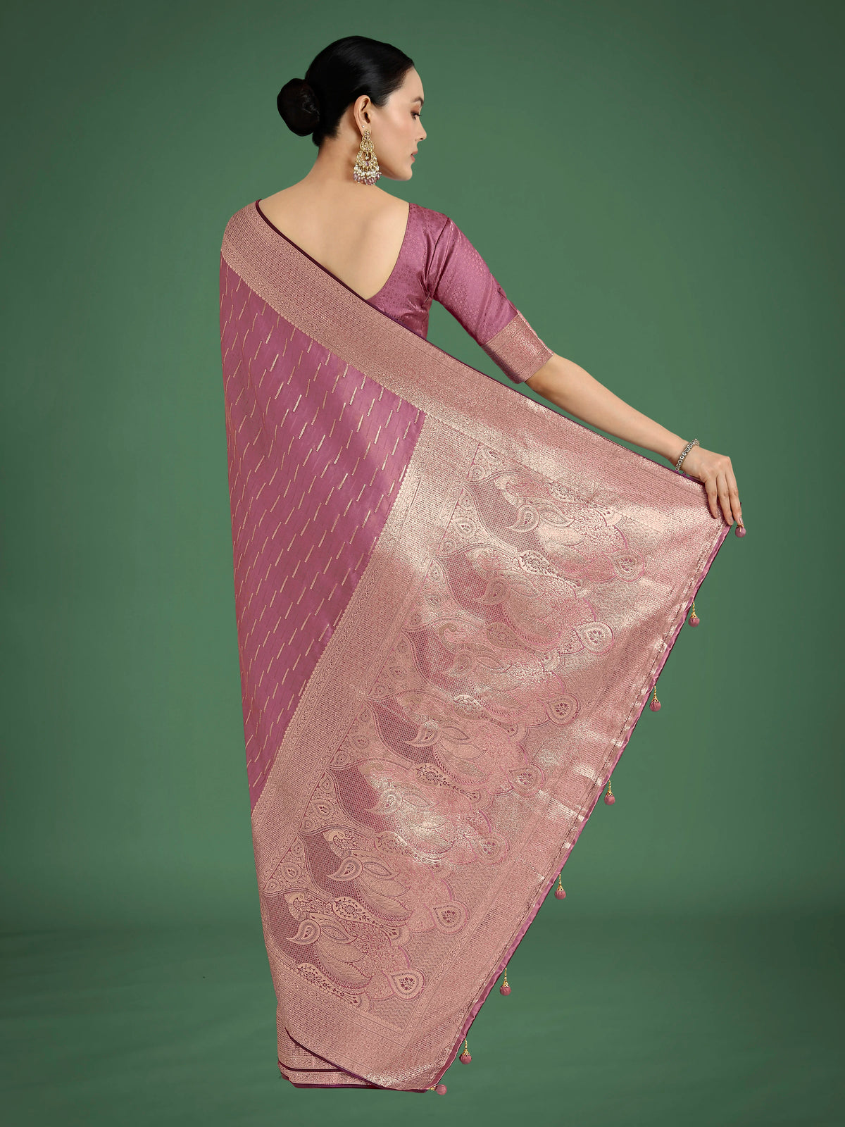 Rose Pink Banarasi-Style Satin Saree with Peacock Border, back with pallu
