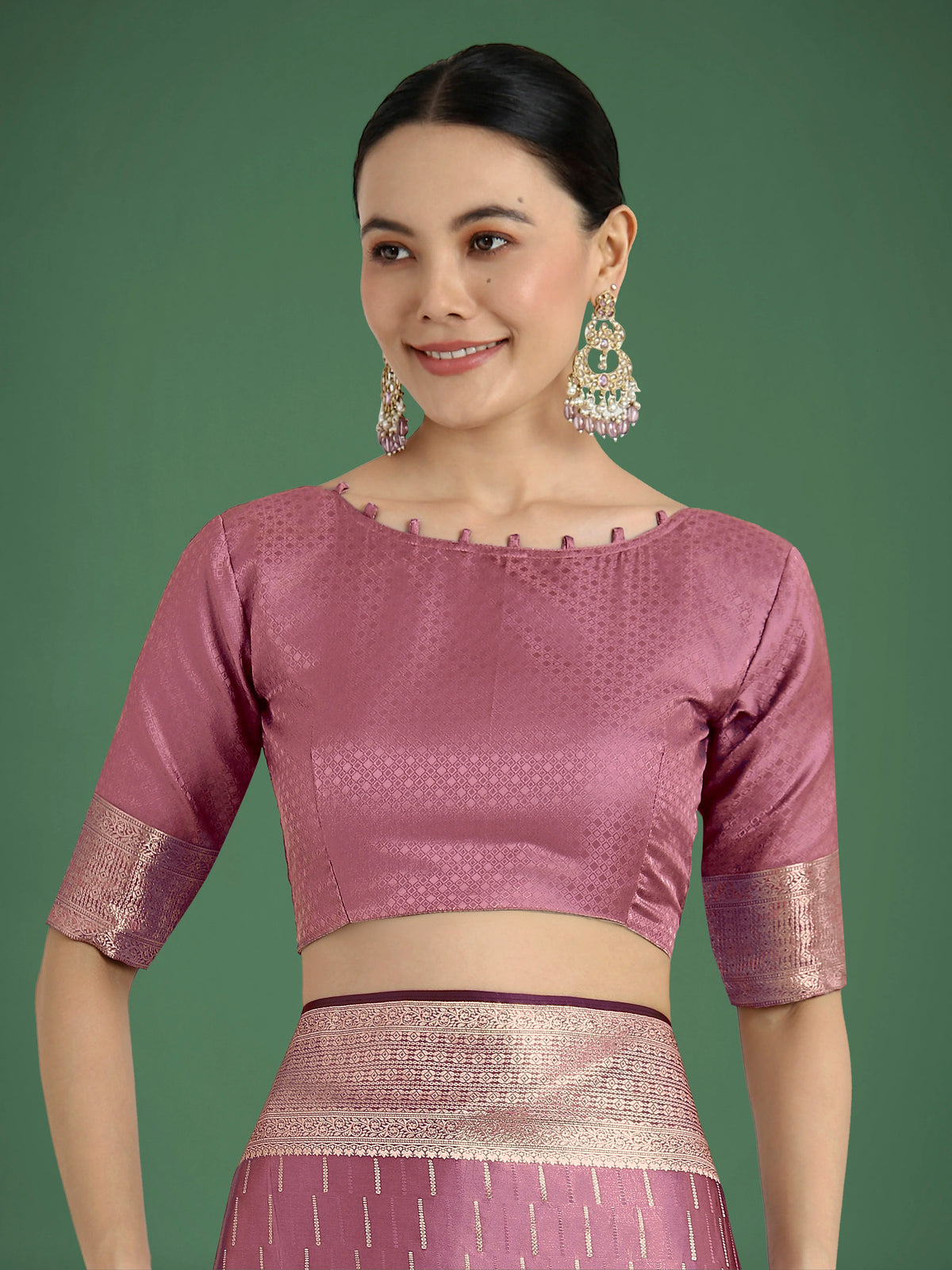 Rose Pink Banarasi-Style Satin Saree with Peacock Border, blouse detail