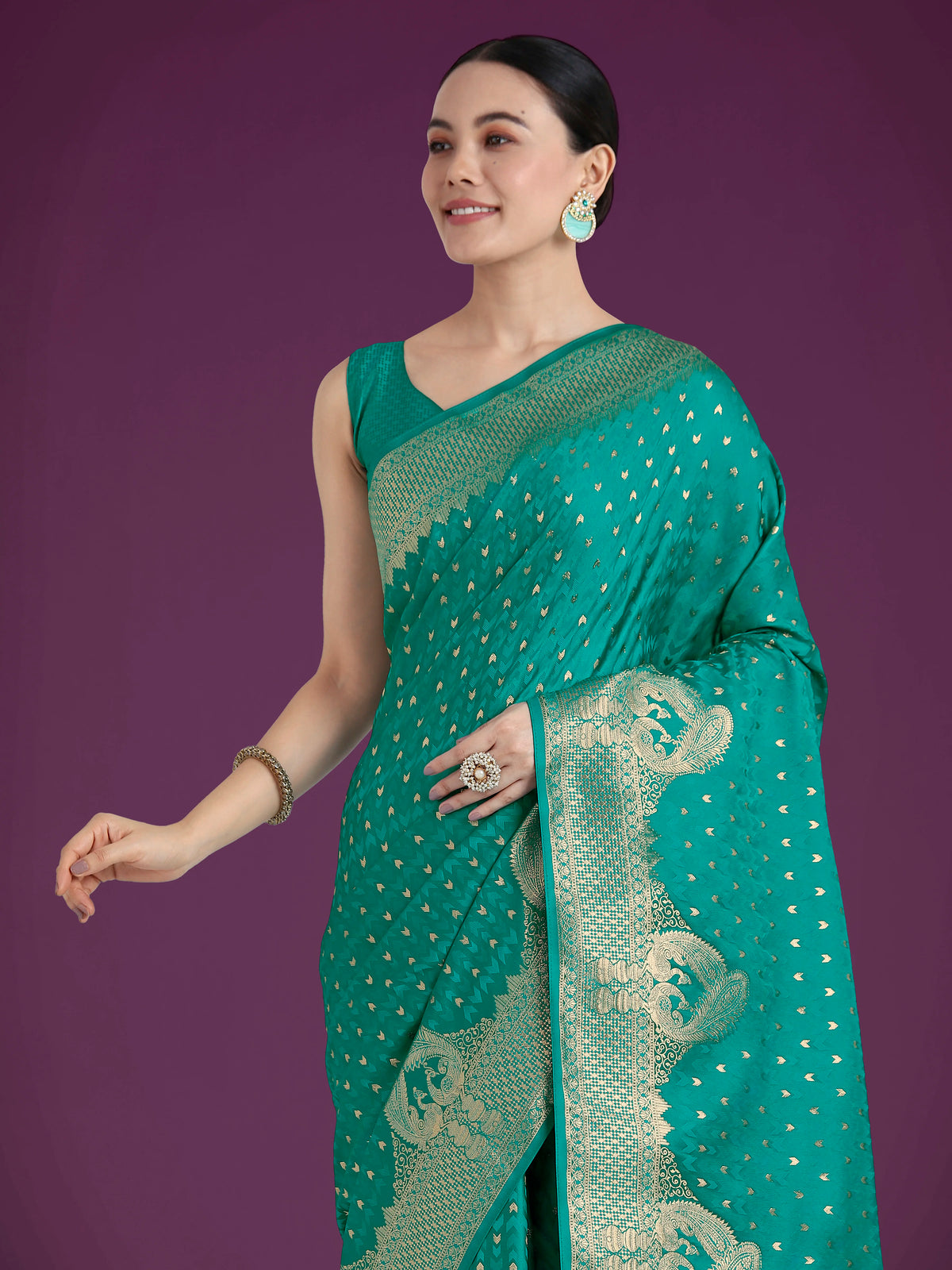 Turquoise Banarasi-Style Satin Saree with Elephant Motif Pallu, side