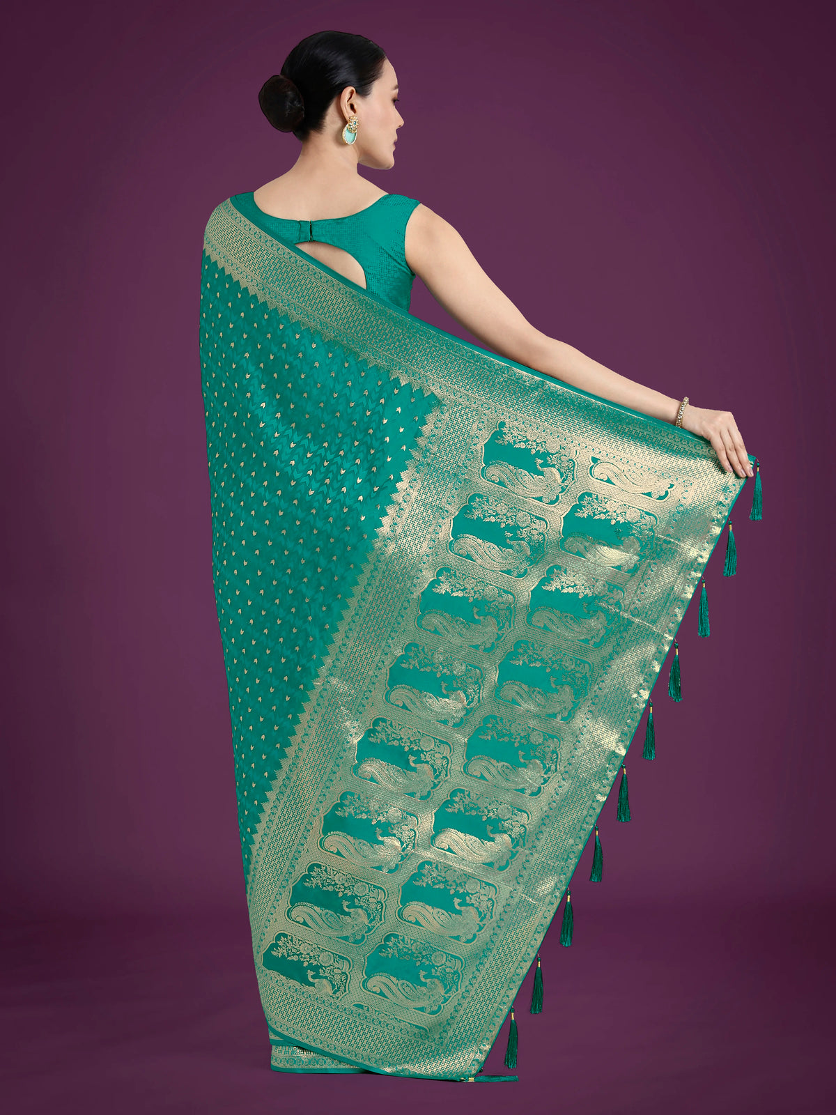Turquoise Banarasi-Style Satin Saree with Elephant Motif Pallu, back with pallu