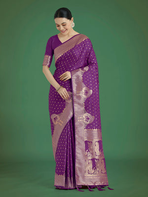 Purple Banarasi-Style Satin Saree with Elephant Motif Pallu
