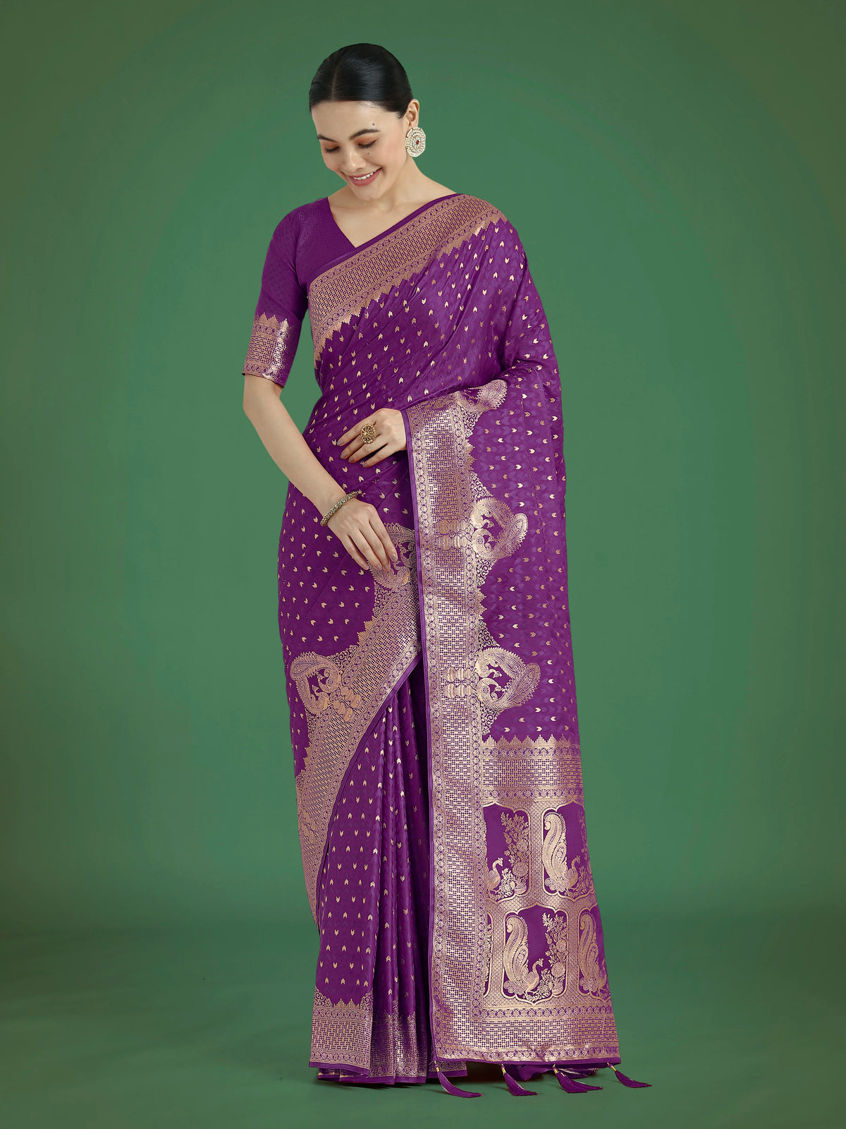 Purple Banarasi-Style Satin Saree with Elephant Motif Pallu, front