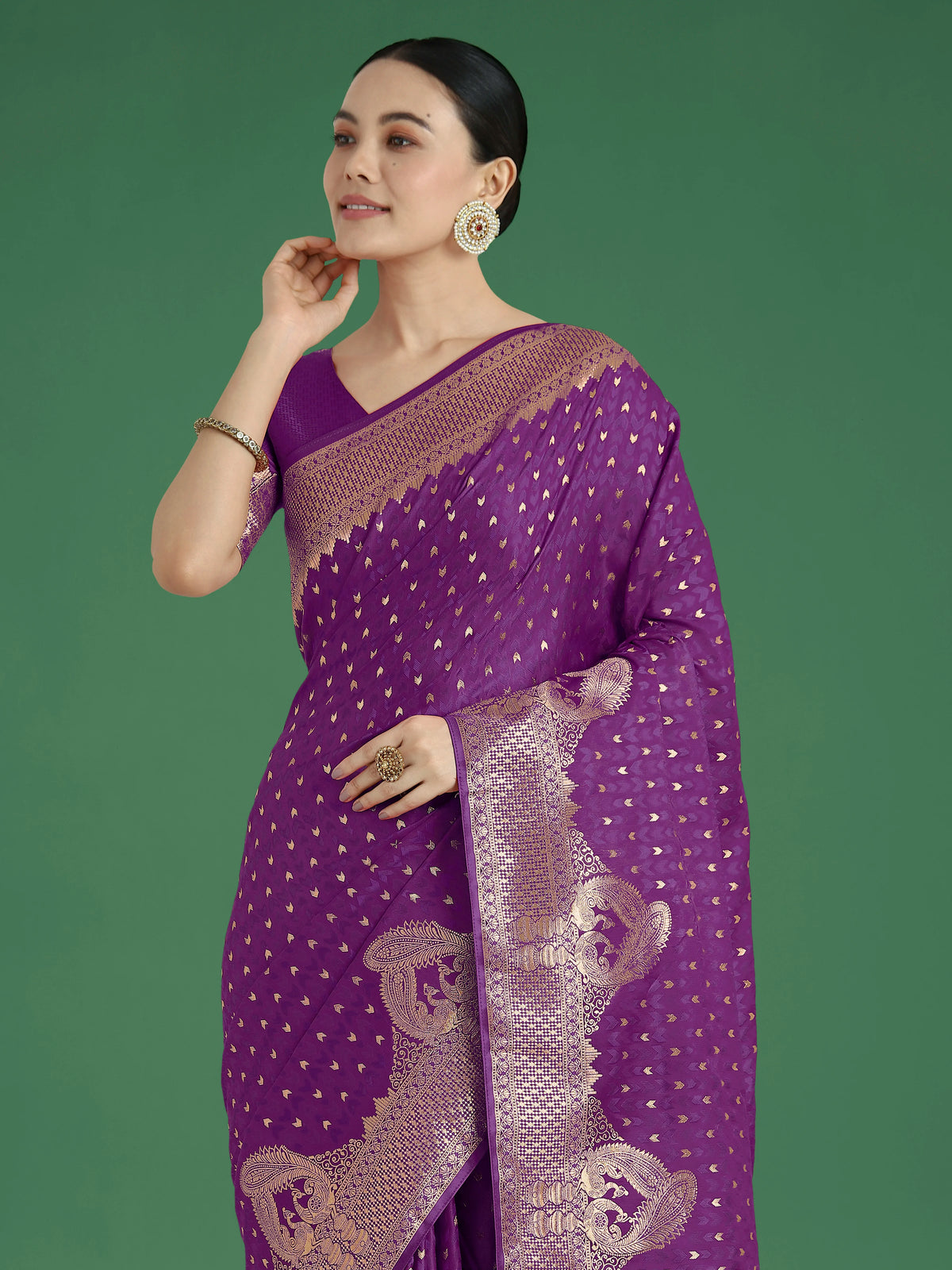 Purple Banarasi-Style Satin Saree with Elephant Motif Pallu, side