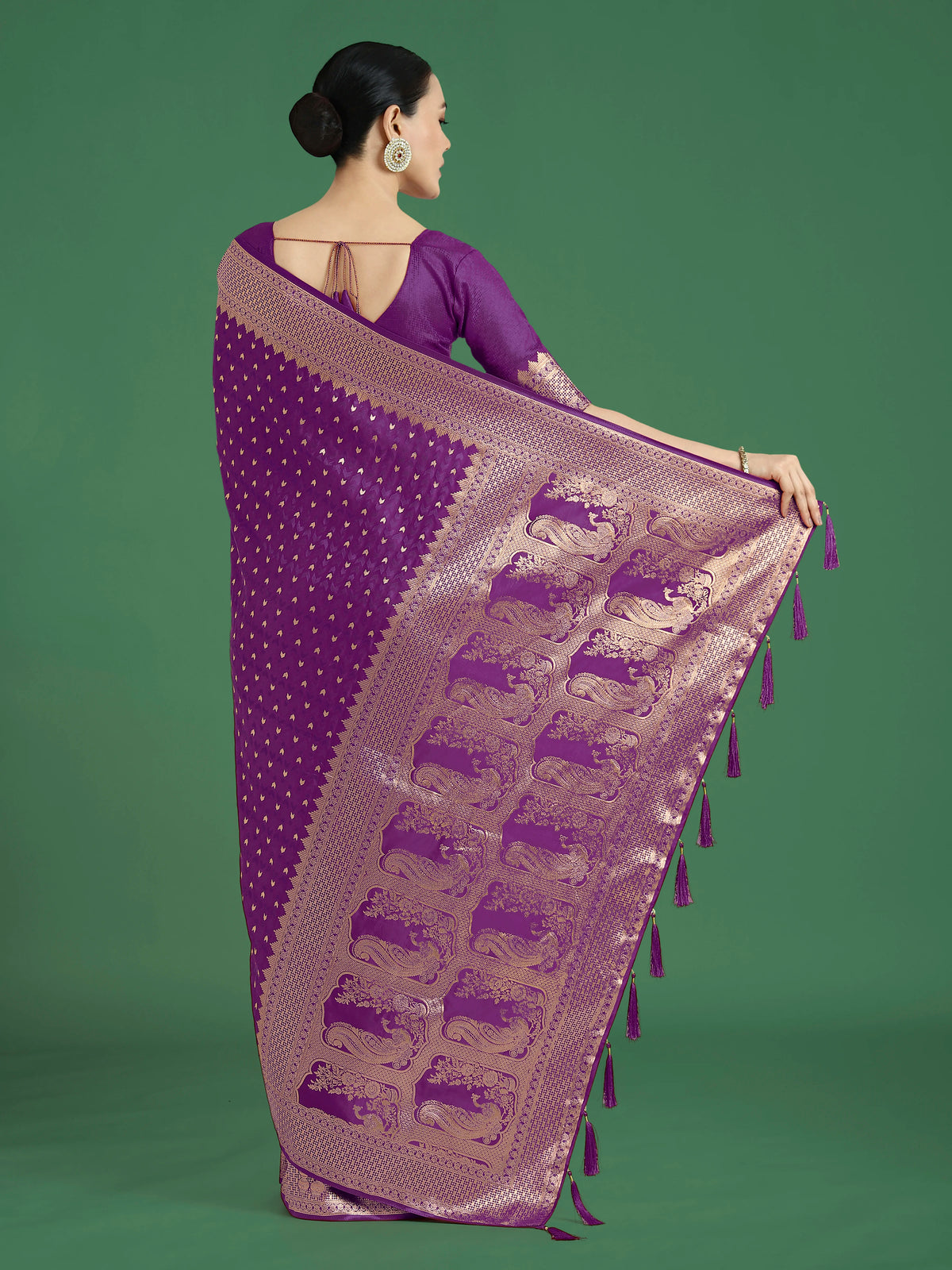 Purple Banarasi-Style Satin Saree with Elephant Motif Pallu, back with pallu