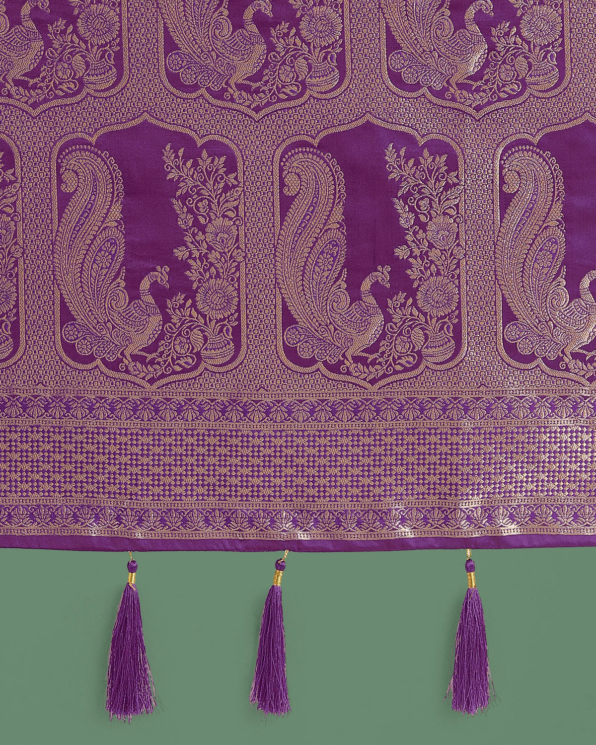 Purple Banarasi-Style Satin Saree with Elephant Motif Pallu, pallu close-up
