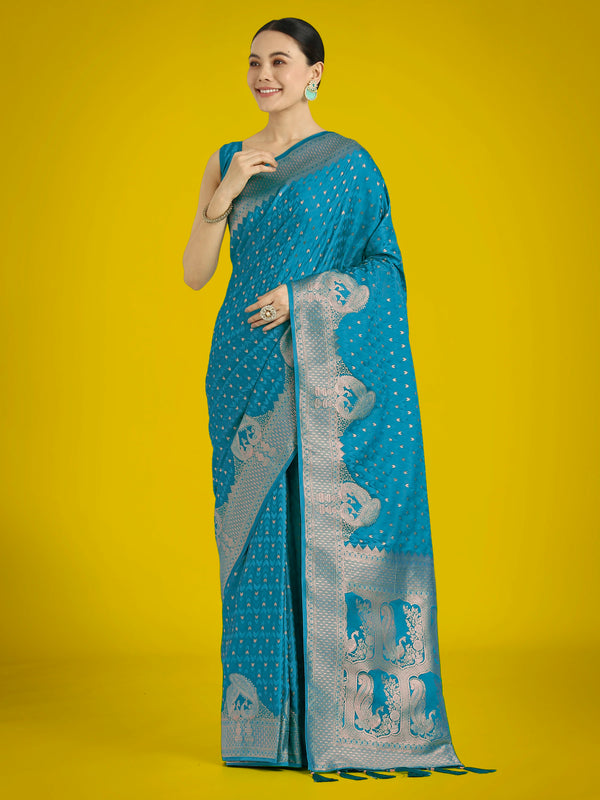 Aqua Blue Banarasi-Style Satin Saree with Elephant Motif Pallu, front
