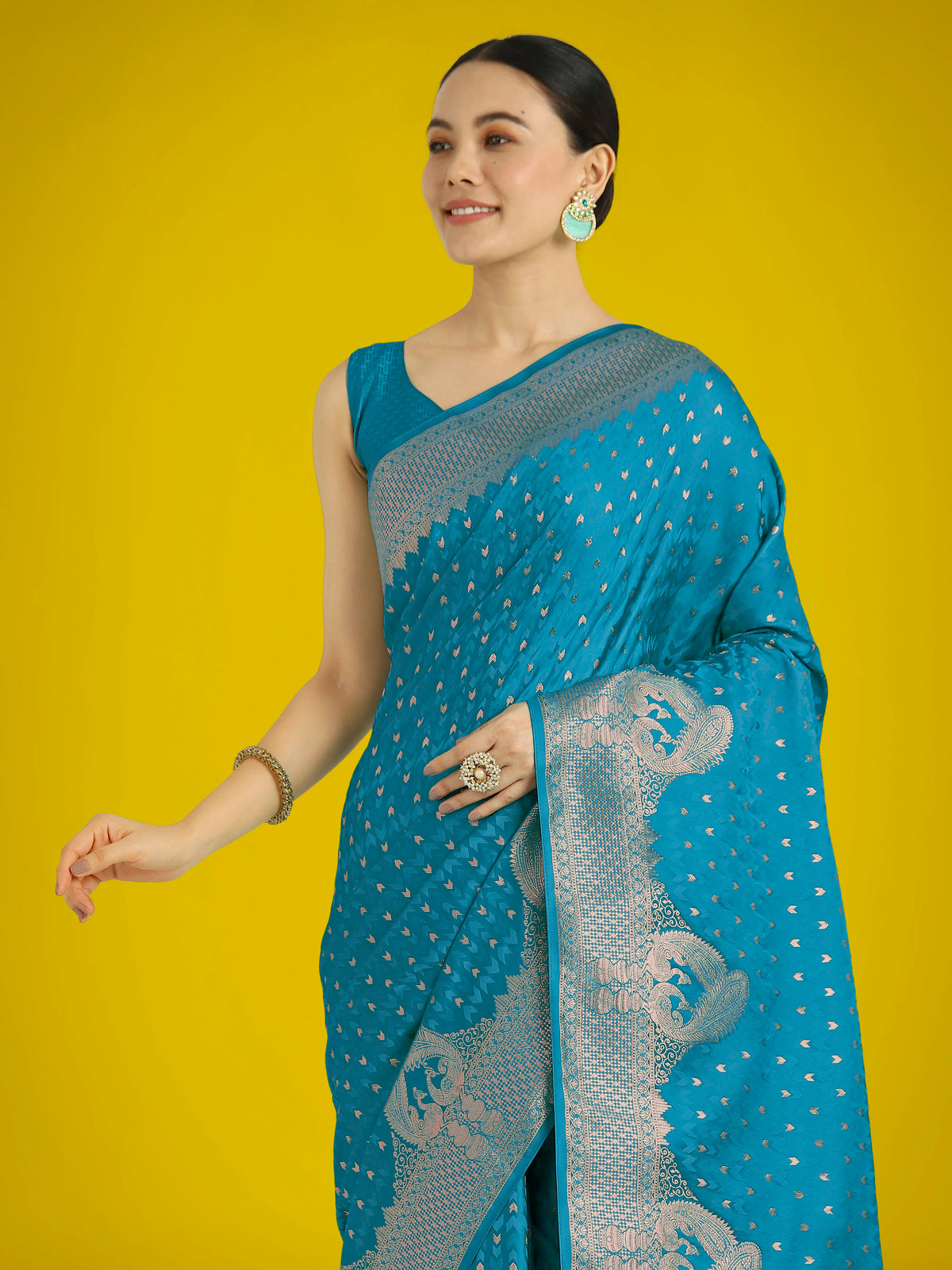 Aqua Blue Banarasi-Style Satin Saree with Elephant Motif Pallu, side
