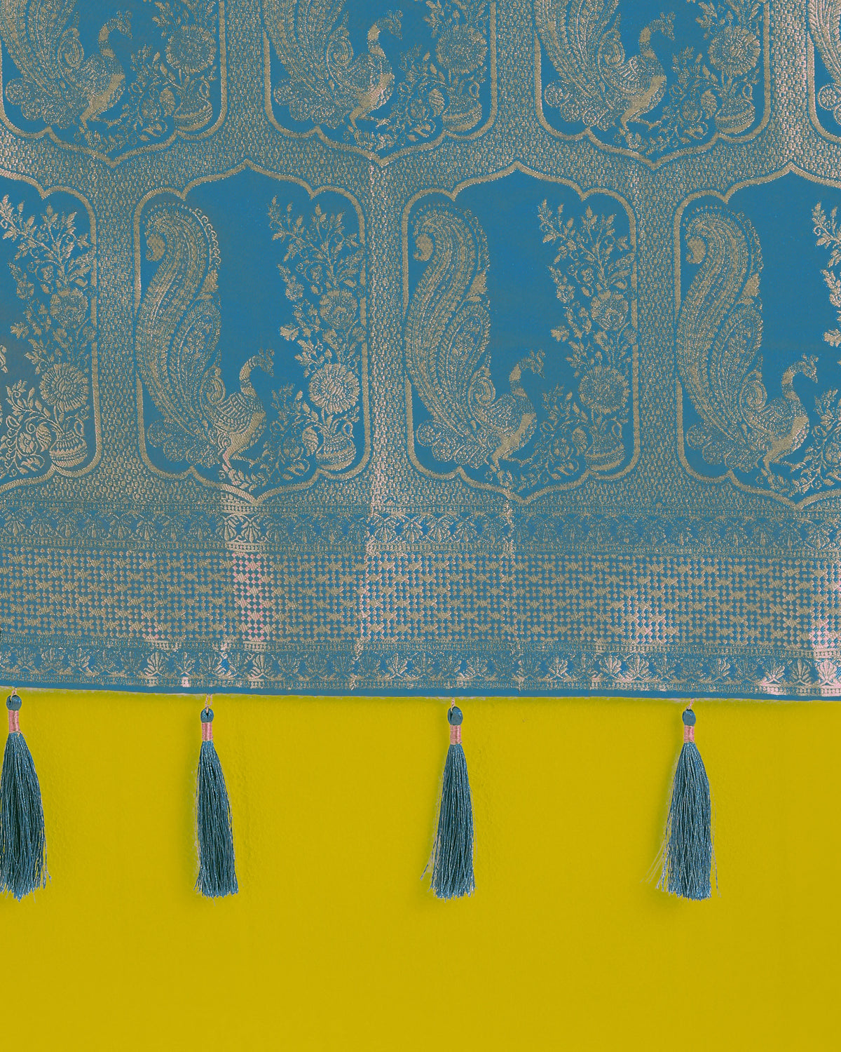 Aqua Blue Banarasi-Style Satin Saree with Elephant Motif Pallu, pallu close-up