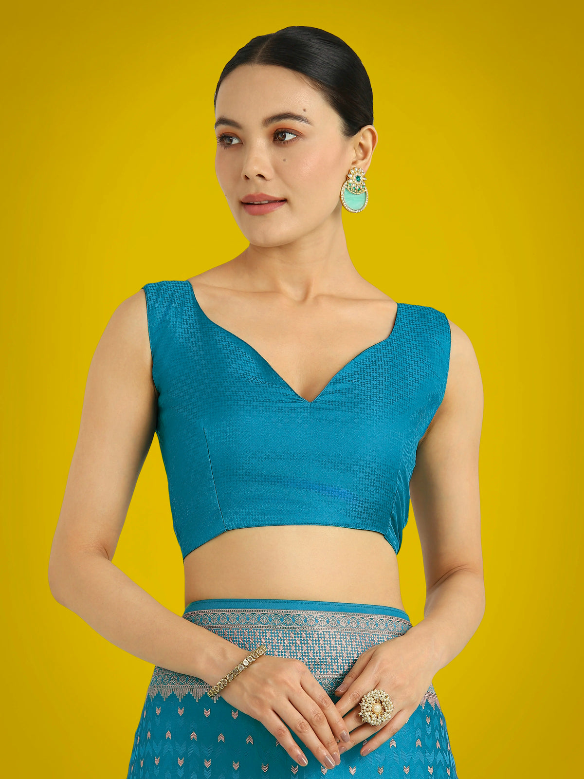 Aqua Blue Banarasi-Style Satin Saree with Elephant Motif Pallu, blouse detail