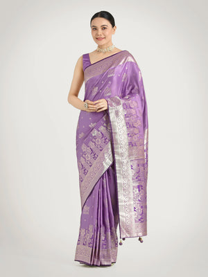 Lavender Banarasi-Style Satin Saree with Floral Zari Border